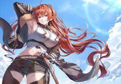  absurdres ahoge arm_up armpits black_hairband blue_sky boots breasts brown_shorts cloud commentary_request crossed_bangs eris_greyrat female from_below fur-trimmed_jacket fur_trim grin hair_between_eyes hairband hand_wraps highres jacket large_breasts long_hair marbo_(saico556) midriff mushoku_tensei navel open_clothes open_jacket outdoors red_eyes red_hair sheath shirt shorts sky sleeveless sleeveless_shirt smile solo thigh_boots 