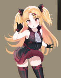  :o absurdres akatsuki_uni armpit_crease ass_visible_through_thighs bare_arms bare_shoulders black_dress black_gloves black_jacket black_panties black_thighhighs blonde_hair blush bow breasts brown_background collarbone commentary_request cowboy_shot curtained_hair dot_nose dress female glove_bow gloves hair_ornament hairclip hand_up high_collar highres jacket layered_dress long_hair open_mouth oversized_zipper panties partially_fingerless_gloves pleated_dress purple_bow purple_dress red_eyes short_dress skindentation skirt skirt_flip sleeveless sleeveless_jacket small_breasts solo thighhighs thumbs_up two_side_up underwear uni_create v-shaped_eyebrows variant_set very_long_hair virtual_youtuber yasudraw zettai_ryouiki zipper zipper_pull_tab 