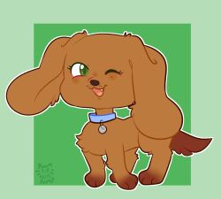  ambiguous_gender brown_body brown_fur canid canine canis collar collar_only dachshund domestic_dog eyelashes fangs feral floppy_ears fur green_eyes hasbro hi_res hunting_dog littlest_pet_shop lps_139 mammal nude nullkunstt one_eye_closed open_mouth paws solo tail teeth wink 
