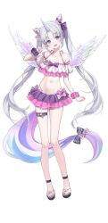  ayatsuno_yuni bare_shoulders bow cone_hair_bun double_bun feathered_wings female floating_hair full_body grey_hair hair_bun looking_at_viewer multicolored_tail multicolored_wings navel official_art open_mouth purple_eyes rangu sandals smile standing stellive stomach tail tail_bow tail_ornament thigh_strap twintails unicorn_girl unicorn_horn wings 