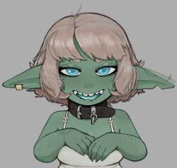  5_fingers blue_eyes brown_hair clothed clothing collar dress fantasy female fingers goblin green_body green_skin hair humanoid humanoid_pointy_ears not_furry plinkgrn pointy_ears simple_background solo tagme teeth 
