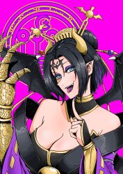  black_wings blue_eyes breasts cleavage demon_girl demon_horns demon_wings digimon digimon_(creature) eikenkobayashi eyeshadow female hair_bun highres horns large_breasts lilithmon makeup open_mouth pointy_ears purple_background purple_eyeshadow purple_lips simple_background solo upper_body wings 