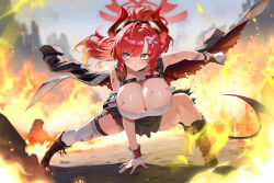  absurdres bare_arms bare_shoulders black_boots black_choker black_coat black_skirt black_thighhighs blue_archive blue_eyes boots breasts choker cleavage closed_mouth coat coat_on_shoulders commission demon_horns demon_tail female fire gher5 gloves goggles goggles_on_head halo highres horns huge_breasts knee_boots long_hair looking_to_the_side megu_(blue_archive) miniskirt outstretched_arm pixiv_commission ponytail red_hair ribbed_shirt shirt single_thighhigh skirt sleeveless sleeveless_shirt solo tail thighhighs thighs v-shaped_eyebrows white_gloves white_shirt 