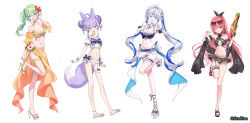  4girls absurdres ahoge aokumo_rin bare_shoulders bikini blue_eyes blue_hair bow cone_hair_bun detached_sleeves double_bun fox_girl fox_tail frilled_thigh_strap full_body green_eyes green_hair grey_hair hair_bun hanako_nana heart heart_hands heterochromia high_heels highres long_hair looking_at_viewer maid_headdress multicolored_hair multiple_girls navel official_art one_eye_closed open_mouth pink_hair purple_hair rangu sandals scrunchie shoes short_sleeves simple_background smile standing standing_on_one_leg stellive stomach streaked_hair swimsuit tail tenko_shibuki thigh_strap white_background wrist_scrunchie yuzuha_riko 