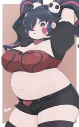  @_@ absurdres arms_up black_choker border breasts brown_background choker commentary_request cowboy_shot fat female grey_eyes hair_ornament hair_over_one_eye heart highres indie_virtual_youtuber large_breasts long_hair navel outside_border parted_lips pink_hair ryuusui_arumo shizuoka_ruko short_shorts short_sleeves shorts sidelocks simple_background skull_hair_ornament solo thick_thighs thighhighs thighs twintails virtual_youtuber white_border 