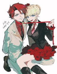  1boy arms_behind_back beatrice_(umineko) black_boots black_necktie blonde_hair blue_eyes boots bright_pupils clenched_teeth dated female finsuess hashtag-only_commentary highres holding holding_leash leash looking_at_viewer necktie open_mouth pet_play red_hair red_shirt red_skirt shirt short_hair skirt smile suit teeth umineko_no_naku_koro_ni ushiromiya_battler white_background white_pupils white_suit 