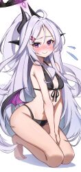  absurdres ahoge bikini black_bikini black_halo blue_archive blush breasts chai_mao demon_girl demon_horns demon_wings female halo highres hina_(blue_archive) horns long_hair looking_at_viewer navel purple_eyes simple_background small_breasts solo swimsuit white_background white_hair wings 
