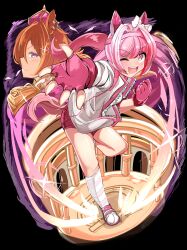  2girls ;d absurdres animal_ears black_background bow brown_hair buruma crown ear_bow fingerless_gloves gloves gym_shirt gym_uniform hair_between_eyes haru_urara_(umamusume) highres horse_ears horse_girl horse_tail jacket kneehighs long_hair looking_at_viewer mini_crown multiple_girls one_eye_closed open_clothes open_jacket outstretched_arm pink_gloves pink_hair ponytail profile purple_eyes red_buruma shi_(kamokamo910) shirt shoes smile socks standing standing_on_one_leg striped_clothes striped_socks t.m._opera_o_(umamusume) tail umamusume v-shaped_eyebrows white_bow white_jacket white_shirt white_shoes 