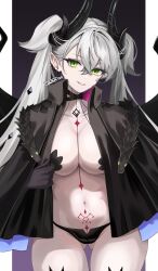  absurdres ass_visible_through_thighs black_cloak black_hands black_panties body_markings breasts choker cleavage cloak colored_extremities crossed_bangs demon_girl demon_horns demon_wings ear_piercing fate/grand_order fate_(series) female green_eyes grey_hair grin hair_between_eyes highres horns icbm100 large_breasts lilith_(fate) lilith_(second_ascension)_(fate) long_hair looking_at_viewer navel panties piercing pointy_ears smile solo stomach_tattoo tattoo thighs twintails underwear very_long_hair wings 