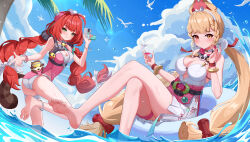  2girls absurdres aichinaigai alice_thymefield alice_thymefield_(sea_of_thyme) animal_ears beach blush braid breasts cleavage cocktail_umbrella cup drink heterochromia highres hip_vent holding holding_cup holding_drink long_hair low_twintails multiple_girls official_alternate_costume one-piece_swimsuit orange_eyes pink_one-piece_swimsuit red_eyes red_hair reverse_cowgirl_position sphere_hair_ornament straddling swimsuit thigh_strap twintails two-tone_one-piece_swimsuit ukinami_yuzuha ukinami_yuzuha_(tanuki_in_broad_daylight) very_long_hair water_gun yellow_eyes zenless_zone_zero 