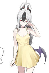  absurdres alternate_costume bare_arms bare_shoulders black_hair black_nails blue_archive breasts bright_pupils choker cowboy_shot demon_girl demon_horns demon_wings dress female fingernails grey_hair grey_halo hair_between_eyes halo hand_up highres horns hyury kayoko_(blue_archive) long_hair looking_at_viewer low_wings medium_breasts mole mole_on_neck multicolored_hair nail_polish red_eyes simple_background single_wing sleeveless sleeveless_dress solo spaghetti_strap sundress two-tone_hair white_background white_pupils wings yellow_dress 