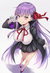  bb_(fate) black_jacket black_skirt blurry blush breasts collared_shirt commentary_request fate/grand_order fate_(series) female full_body gloves hair_between_eyes hair_ribbon hand_up highres jacket large_breasts long_hair long_sleeves looking_at_viewer miniskirt neck_ribbon okasa_re_taii open_clothes open_jacket pleated_skirt purple_eyes purple_hair purple_shoes red_ribbon ribbon shadow shirt shoes simple_background single_sidelock skirt smile solo standing teeth thighs v very_long_hair white_background white_gloves white_shirt 