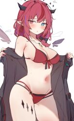  bikini black_horns blush breasts cleavage commentary cowboy_shot crystal_wings demon_horns detached_wings female front-tie_bikini_top front-tie_top halo heterochromia highres hololive hololive_english holonatsu_paradise horns irys_(hololive) irys_(holonatsu_paradise)_(hololive) jacket jewelry large_breasts long_hair looking_at_viewer medium_breasts multicolored_hair nail_polish navel necklace o-ring open_clothes orobou paid_reward_available pink_nails pointy_ears purple_hair red_bikini red_eyes red_hair simple_background solo stomach streaked_hair swimsuit thighs virtual_youtuber white_background wings 