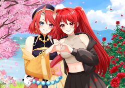  2girls absurdres bare_shoulders black_hat black_jacket black_skirt blue_eyes blush bow cherry_blossoms cherry_tree commission cowboy_shot crop_top earrings fiverr_commission flower fox_mask gold_earrings gold_necklace hair_between_eyes hat heart heart_hands heart_hands_duo heterochromia highres horns indie_virtual_youtuber jacket jacket_partially_removed jewelry liara_(vtuber) long_hair looking_at_viewer marry_(vtuber) mask midriff multiple_girls navel necklace petals pink_bow pink_eyes pink_flower red_eyes red_flower red_hair red_rose rizuchi rose rose_petals second-party_source shirt short_hair sidelocks skin-covered_horns skirt sleeveless sleeveless_shirt smile sparkle sparkle_background standing teeth tree very_long_hair virtual_youtuber 