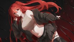  absurdres black_background black_jacket black_skirt black_thighhighs commission crop_top ddann female hair_between_eyes hand_up highres indie_virtual_youtuber jacket jacket_partially_removed long_hair marryofblood midriff navel parted_lips petals red_background red_eyes red_hair rose_petals second-party_source sidelocks skirt sleeveless solo thighhighs trapped two_side_up very_long_hair virtual_youtuber 