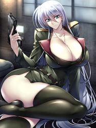  1girls absurd_res absurdres alisabeth_zweiser arm_support bangs big_breasts breasts busty cleavage clothed clothed_female clothing female female_focus female_only green_clothes green_clothing green_eyes green_jacket green_skirt haganef high_resolution highres holding_gun holding_pistol holding_weapon jacket large_breasts large_filesize legs light-skinned_female light_skin long_hair military_clothing military_jacket military_uniform necklace on_side original original_character pistol shiny shiny_breasts shiny_hair shiny_skin skirt solo_female solo_focus thick_thighs thighhighs thighs very_high_resolution very_long_hair weapon 