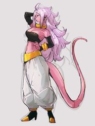  1girls alien alien_girl alien_humanoid android_21 baggy_pants big_breasts breasts dragon_ball dragon_ball_fighterz earrings female majin_android_21 monster_girl persian_clothing solo solo_female st62svnexilf2p9 tagme tail white_pants 