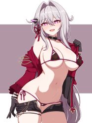  absurdres bikini black_bikini black_choker black_gloves black_shorts breasts choker clothes_pull commentary_request cowboy_shot female gloves hair_intakes highres honkai_(series) honkai_impact_3rd jacket large_breasts long_hair looking_at_viewer milliani navel purple_eyes red_jacket shorts shorts_pull solo stomach swimsuit thelema_nutriscu thighs two-tone_background very_long_hair white_hair 