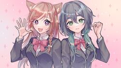  2girls :3 alternate_costume animal_ear_fluff animal_ears black_jacket blazer bow collared_shirt commission green_eyes hazumi_aileen head_tilt highres indie_virtual_youtuber jacket lion_ears lion_girl looking_at_viewer low_twintails multiple_girls oerba_yun_fang open_hand open_mouth purple_eyes red_bow rn_(kicakabe) saki.exe school_uniform second-party_source shirt skeb_commission smile twintails upper_body virtual_youtuber waving white_shirt 