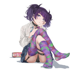  asymmetrical_legwear bad_id bad_pixiv_id barbell_piercing blunt_bangs bow bowtie cellphone choker collared_shirt commentary_request crossed_legs diagonal_bangs ear_piercing earrings energy_drink eyeliner feet female garter_straps hamedoragon hand_on_own_chin holding holding_phone idolmaster idolmaster_shiny_colors industrial_piercing jewelry legs lipstick looking_at_viewer loose_bowtie makeup medium_hair mismatched_legwear multiple_earrings no_shoes notice_lines panties phone piercing purple_eyes purple_hair purple_lips purple_nails revision sangaria shirt simple_background single_garter_strap sitting skindentation sleeves_rolled_up solo studded_choker tanaka_mamimi thigh_strap thighhighs toes twintails underwear upskirt white_background 