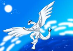  anthro avoid_posting featureless_crotch flameydragwasp generation_2_pokemon horizon legendary_pokemon lugia male muscular muscular_anthro muscular_male nintendo pokemon pokemon_(species) pokemorph sea sky skyscape solo sun water wings 