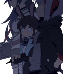  3girls amiya_(arknights) animal_ears antenna_hair arknights ascot black_choker black_coat black_gloves black_jacket black_shorts blaze_(arknights) blue_ascot blue_eyes blue_hair blurry blurry_background blurry_foreground breasts brown_hair chest_strap choker coat controller cowboy_shot d.y.x. demon_horns depth_of_field detonator faceless faceless_female fingerless_gloves from_side gloves grey_hair grey_shirt hand_on_own_hip holding holding_remote_control horns jacket jewelry long_hair looking_at_viewer medium_breasts multicolored_hair multiple_girls neck_ring no_mouth open_clothes open_coat open_jacket profile rabbit_ears red_hair remote_control shirt short_hair short_shorts shorts sidelocks simple_background small_breasts solo_focus staring strap sweater two-tone_hair w_(arknights) weapon_case white_background white_jacket white_shirt white_sweater 