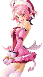  absurdres ahoge angry arm_warmers bow bracelet covering cowboy_shot disgaea dress female gloves hairbow hat highres huziko32 jewelry majolaine_(disgaea) makai_senki_disgaea_6 open_mouth pink_dress pink_hair pink_sleeves pointy_ears red_bow red_eyes short_hair side_ponytail simple_background sleeveless sleeveless_dress solo standing striped tail thighhighs vertical-striped_dress vertical_stripes white_background white_gloves white_headwear white_legwear wings zettai_ryouiki 