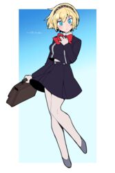  aegis_(persona) android armband blonde_hair blue_eyes blush bow do_m_kaeru female finger_cannon full_body gekkoukan_high_school_uniform hair_ornament hand_on_own_chest headphones joints persona persona_3 ribbon robot_joints s.e.e.s school_uniform short_hair skirt solo tiara 