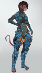  alex-dep-998 anthro armor bondage bondage bound case clothing costume cybernetics cyborg digital_media_(artwork) exoskeleton exosuit female full-length_portrait hi_res implants_(disambiguation) jumpsuit lizard machine patterns piercing plate_armor portrait prosthetic reptile scalie solo straps 