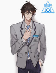  1boy alternate_costume artist_name bad_id bad_twitter_id black_hair black_pants blue_necktie brown_hair earrings genshin_impact gradient_hair grey_background grey_jacket ha_ze hair_between_eyes hand_in_pocket highres jacket jewelry logo long_sleeves male_focus multicolored_hair necktie pants parted_lips produce_101 produce_101_japan shirt simple_background single_earring solo upper_body white_shirt zhongli_(genshin_impact) 