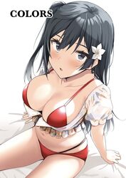  absurdres bikini black_eyes black_hair blush breasts cameltoe cleavage collarbone commentary_request female flower from_above hair_flower hair_ornament highres kitaku_(nakamachi_machi) large_breasts long_hair looking_at_viewer love_live! love_live!_nijigasaki_high_school_idol_club navel one_side_up red_bikini simple_background sitting solo swimsuit thighs white_background yuki_setsuna_(love_live!) 