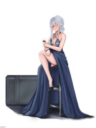  absurdres ak-12_(girls&#039;_frontline) ak-12_(quiet_azure)_(girls&#039;_frontline) alcohol artist_name bare_shoulders black_footwear blue_dress breasts chair cleavage closed_eyes closed_mouth collarbone cozie178 crossed_legs cup dress drinking_glass earrings female full_body girls&#039;_frontline hair_ornament high_heels highres holding holding_cup jewelry long_hair medium_breasts official_alternate_costume sitting smile solo thighs weapon_case white_background white_hair wine_glass 