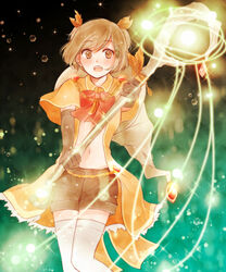  bad_id bad_pixiv_id blush bow bowtie brown_eyes brown_gloves brown_shorts clover feet_out_of_frame female foreshortening four-leaf_clover fueguchi_hinami gloves green_background hair_ornament holding holding_staff jacket leaf_hair_ornament light multicolored_background navel orange_hair orange_jacket red_bow short_hair shorts solo sparkle staff stomach teeth thighhighs tokyo_ghoul tokyo_ghoul:re toukaairab upper_teeth_only white_thighhighs 