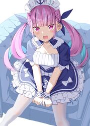  anchor anchor_symbol armchair between_legs blue_dress blue_hair blue_ribbon bow braid breasts chair colored_inner_hair commentary_request dress feet_out_of_frame female frilled_dress frills gurande_(g-size) hair_ribbon hand_between_legs highres hololive long_hair looking_at_viewer maid_headdress medium_breasts minato_aqua minato_aqua_(1st_costume) multicolored_hair on_chair pantyhose pink_hair puffy_short_sleeves puffy_sleeves purple_eyes ribbon short_sleeves simple_background sitting solo twintails two-tone_hair very_long_hair virtual_youtuber white_background white_bow white_pantyhose wrist_cuffs 