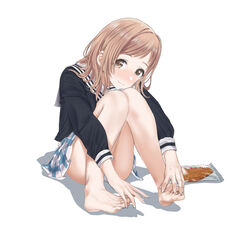  bad_id bad_pixiv_id barefoot black_shirt blush brown_eyes checkered_clothes checkered_skirt closed_mouth commentary_request feet female full_body hamedoragon hands hands_on_feet idolmaster idolmaster_shiny_colors knees_together_feet_apart light_brown_hair looking_at_viewer medium_hair panties pantyshot sailor_collar sakuragi_mano school_uniform serafuku shadow shirt simple_background skirt sleeve_cuffs smile soles solo toes underwear white_background white_panties white_sailor_collar 