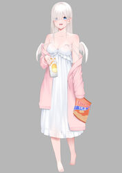  bag bag_of_chips bare_shoulders barefoot blue_eyes blush breasts can cleavage collarbone commentary_request dress eyes_visible_through_hair feathered_wings female full_body grey_background hair_over_one_eye hashiko_nowoto highres holding holding_bag holding_can jacket long_hair long_sleeves medium_breasts mini_wings off_shoulder open_clothes open_jacket open_mouth original pink_jacket see-through simple_background sleeveless sleeveless_dress solo standing strap_slip white_dress white_hair white_wings wings 