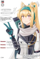  among_us animal_ear_fluff animal_ears arknights artist_name black_bodysuit blonde_hair bodysuit bolt_action bow cat_ears closed_mouth crewmate_(among_us) english_text female gamryous girls&#039;_frontline gloves green_bow green_hairband gun hairband hairbow health_bar highres hitman_(game) jacket light_blush long_hair looking_at_viewer multicolored_clothes multicolored_gloves oerba_yun_fang ponytail red_eyes rifle russian_flag sanpaku scarf simple_background skin_fang sniper_rifle solo sora_(arknights) sv-98 sv-98_(girls&#039;_frontline) sv-98_(mod3)_(girls&#039;_frontline) turtleneck upper_body v weapon white_background white_jacket white_scarf 