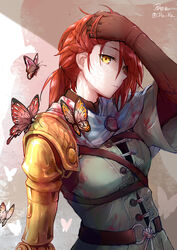  absurdres amputee brown_gloves bug butterfly capelet cloak closed_mouth dress elden_ring female gloves highres looking_at_viewer malenia_blade_of_miquella mechanical_arms millicent_(elden_ring) pin.s ponytail prosthesis prosthetic_arm red_hair scar short_hair short_ponytail simple_background single_mechanical_arm solo white_background yellow_eyes 