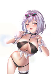  absurdres azur_lane bikini black_bikini breasts cleavage commentary dongcilagedaci eyewear_on_head female heart heart-shaped_eyewear highres large_breasts looking_at_viewer o-ring o-ring_bikini o-ring_top official_alternate_costume red_eyes scrunchie short_sleeves simple_background sirius_(azur_lane) sirius_(scorching-hot_seirios)_(azur_lane) solo sunglasses swimsuit thigh_strap white_background white_hair white_scrunchie white_sleeves wrist_scrunchie 