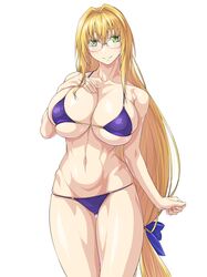  bikini blonde_hair blue_bikini blue_ribbon breasts cleavage cowboy_shot female glasses green_eyes hair_ribbon highres large_breasts long_hair low-tied_long_hair navel ozaneko ribbon solo swimsuit tearju_lunatique to_love-ru very_long_hair white_background 