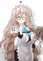  absurdres akane_(blue_archive) apron black-framed_eyewear blue_archive blue_necktie blue_ribbon blue_sky blush breasts brown_eyes brown_hair bursting_breasts cloud commentary day dress female floating_hair frills from_side glasses gloves hair_behind_ear hair_between_eyes hair_ribbon halo hands_up highres indoors large_breasts light_particles long_hair long_sleeves looking_at_viewer looking_to_the_side maid maid_headdress necktie plaid_shawl revision ribbon riffle_hunter shawl sideways_glance sky smile solo tucking_hair upper_body very_long_hair waist_apron white_apron white_gloves 