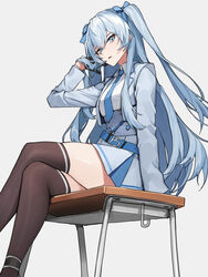  absurdres adjusting_hair ankle_strap arm_at_side belt black_gloves black_survival black_thighhighs blue_belt blue_eyes blue_hair blue_jacket blue_necktie blue_ribbon blue_skirt breasts collared_shirt cropped_jacket crossed_legs desk elena_jarvinen eternal_return:_black_survival eyebrows_hidden_by_hair feet_out_of_frame female from_below from_side gloves grey_background hair_between_eyes hair_ribbon hand_in_own_hair hand_up high-waist_skirt highres jacket long_hair long_sleeves looking_at_viewer loose_belt miniskirt necktie on_desk open_clothes open_jacket original parted_lips ribbon shirt sideways_glance simple_background single_horizontal_stripe sitting skirt small_breasts solo thighhighs tunamayo_(dsasd751) two_side_up very_long_hair white_shirt zettai_ryouiki 