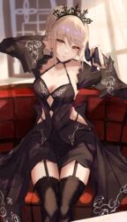  artoria_pendragon_(fate) black_dress black_thighhighs blonde_hair braid braided_bun breasts commentary cutout_above_navel dress earrings fate/grand_order fate_(series) female garter_straps hair_bun highres jewelry long_sleeves panipo saber_alter sidelocks single_hair_bun sitting small_breasts solo thighhighs tiara yellow_eyes 