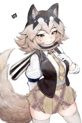  animal_ear_fluff animal_ears arm_behind_back armband big_hair black_hair closed_mouth collared_shirt commentary cowboy_shot eastern_wolf_(kemono_friends) eyelashes female forked_eyebrows gloves grey_hair hand_up highres jack4l japari_symbol kemono_friends kemono_friends_3 lips long_sleeves looking_at_viewer miniskirt multicolored_hair necktie open_clothes open_vest parted_bangs plaid plaid_necktie plaid_skirt pleated_skirt puffy_long_sleeves puffy_sleeves scarf shirt simple_background skindentation skirt smile solo symbol-only_commentary tail thighhighs two-tone_hair vest white_background white_gloves white_shirt white_thighhighs wing_collar wolf_ears wolf_girl wolf_tail yellow_eyes zettai_ryouiki 