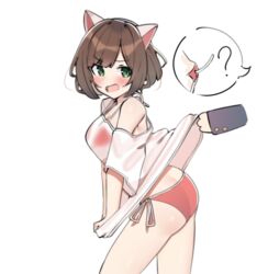  1other ? aa211108 animal_ears ass bikini blush breasts brown_hair cat_ears clothes_lift commentary_request female from_side idolmaster idolmaster_cinderella_girls lifting_another&#039;s_clothes looking_at_another maekawa_miku medium_breasts orange_bikini producer_(idolmaster) see-through see-through_shirt shirt shirt_lift shirt_tug side-tie_bikini_bottom simple_background spoken_question_mark swimsuit white_background white_shirt 