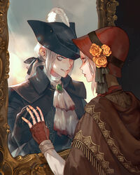  2girls ascot black_headwear black_ribbon blood blood_on_clothes bloodborne bonnet brown_gloves cloak commentary_request doll_joints fingerless_gloves flower gloves grey_eyes hair_ribbon hat hat_feather hat_flower highres jiro_(ninetysix) joints lady_maria_of_the_astral_clocktower long_hair long_sleeves looking_at_another low_ponytail mirror multiple_girls orange_flower orange_rose plain_doll ponytail red_gloves red_headwear ribbon rose short_hair teeth tricorne 