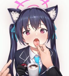  absurdres animal_ear_fluff animal_ears bad_id bad_pixiv_id black_gloves blazer blue_archive blue_necktie blue_ribbon blush bow burn burnt_tongue cat&#039;s_tongue cat_ears cat_girl coffee coffee_mug collared_shirt commentary_request cup female gloves hair_ribbon hairbow halo hand_up highres holding holding_cup injury jacket long_hair long_sleeves looking_at_viewer mug necktie ochiaki oerba_yun_fang open_mouth purple_eyes purple_hair ribbon serika_(blue_archive) shirt sidelocks skin_fang solo_focus tears tongue tongue_out twintails upper_body white_background white_shirt 