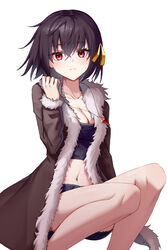  absurdres bare_legs black_hair black_jacket black_shirt black_shorts breasts cleavage collarbone commentary commission crop_top cutoffs female fur_trim hair_ribbon hand_up highres jacket jewelry long_sleeves looking_at_viewer medium_breasts midriff mole mole_under_eye navel necklace open_clothes open_jacket original red_eyes ribbon setsurimu_(pro_viden) shirt short_hair short_shorts shorts simple_background solo stomach thighs white_background 