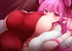  absurdres azur_lane bare_shoulders breasts china_dress chinese_clothes double_bun dress feather_boa female hair_bun highres la_galissonniere_(azur_lane) la_galissonniere_(lush_spring_dreams)_(azur_lane) large_breasts lying multiple_straps official_alternate_costume on_back osatou_(soul_of_sugar) pink_eyes pink_hair red_dress sideboob solo taut_clothes taut_dress 