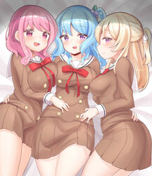  3girls :d bang_dream! bare_legs bed_sheet blonde_hair blue_hair blush bow bowtie breast_press breasts closed_mouth cowboy_shot flower hair_flower hair_ornament hair_ribbon half_updo hanasakigawa_school_uniform hand_on_another&#039;s_stomach hand_on_another&#039;s_waist highres hug large_breasts long_hair looking_at_viewer lying maruyama_aya matsubara_kanon medium_breasts medium_hair miniskirt multiple_girls neck_ribbon on_back on_side one_side_up open_mouth pink_eyes pink_hair pleated_skirt purple_eyes red_bow red_bowtie red_ribbon ribbon rustysalmon sailor_collar school_uniform shiny_skin shirasagi_chisato short_ponytail sidelocks skirt smile thighs waist_hug white_ribbon 